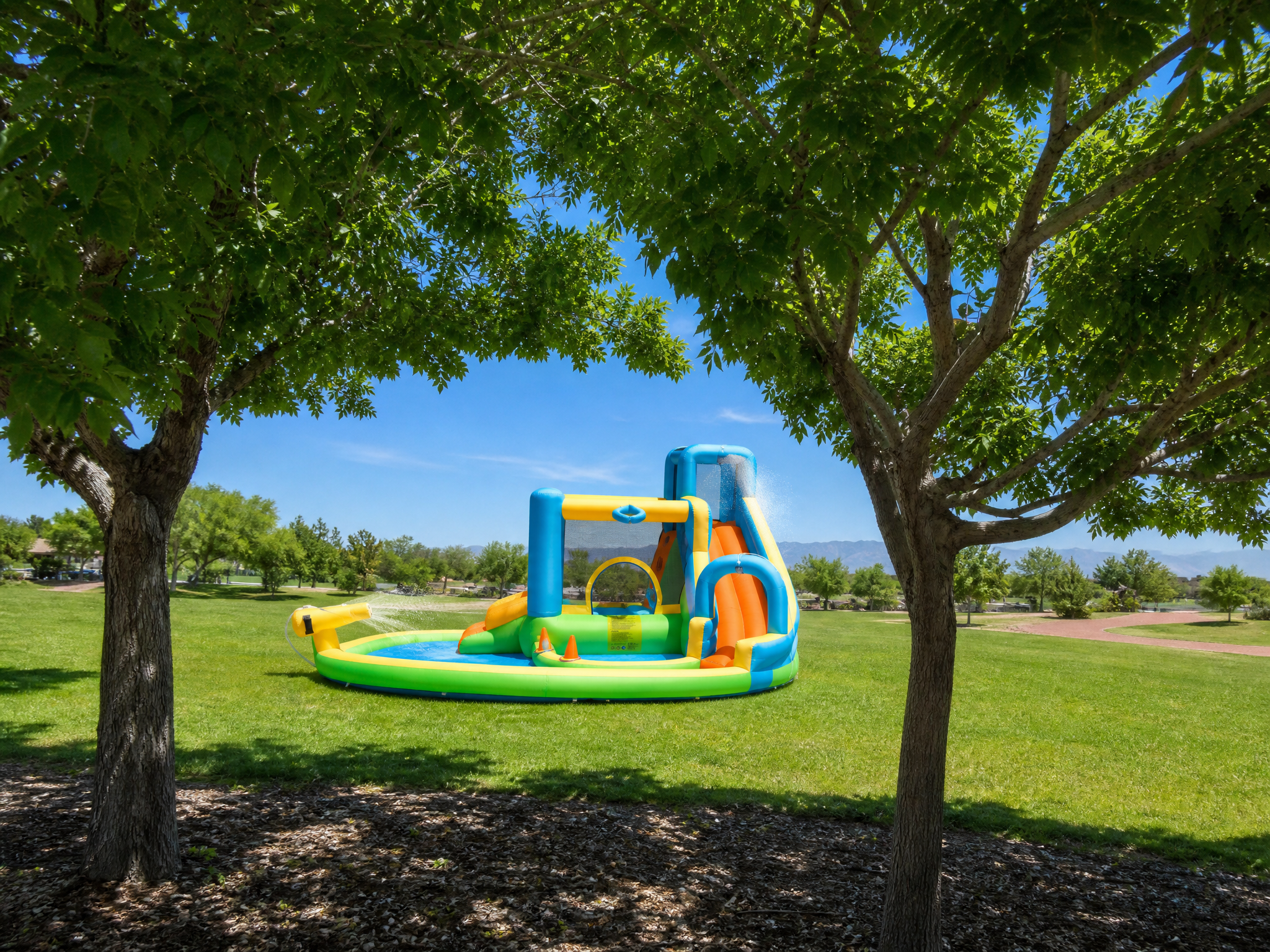 Kids Slide in park behind trees
