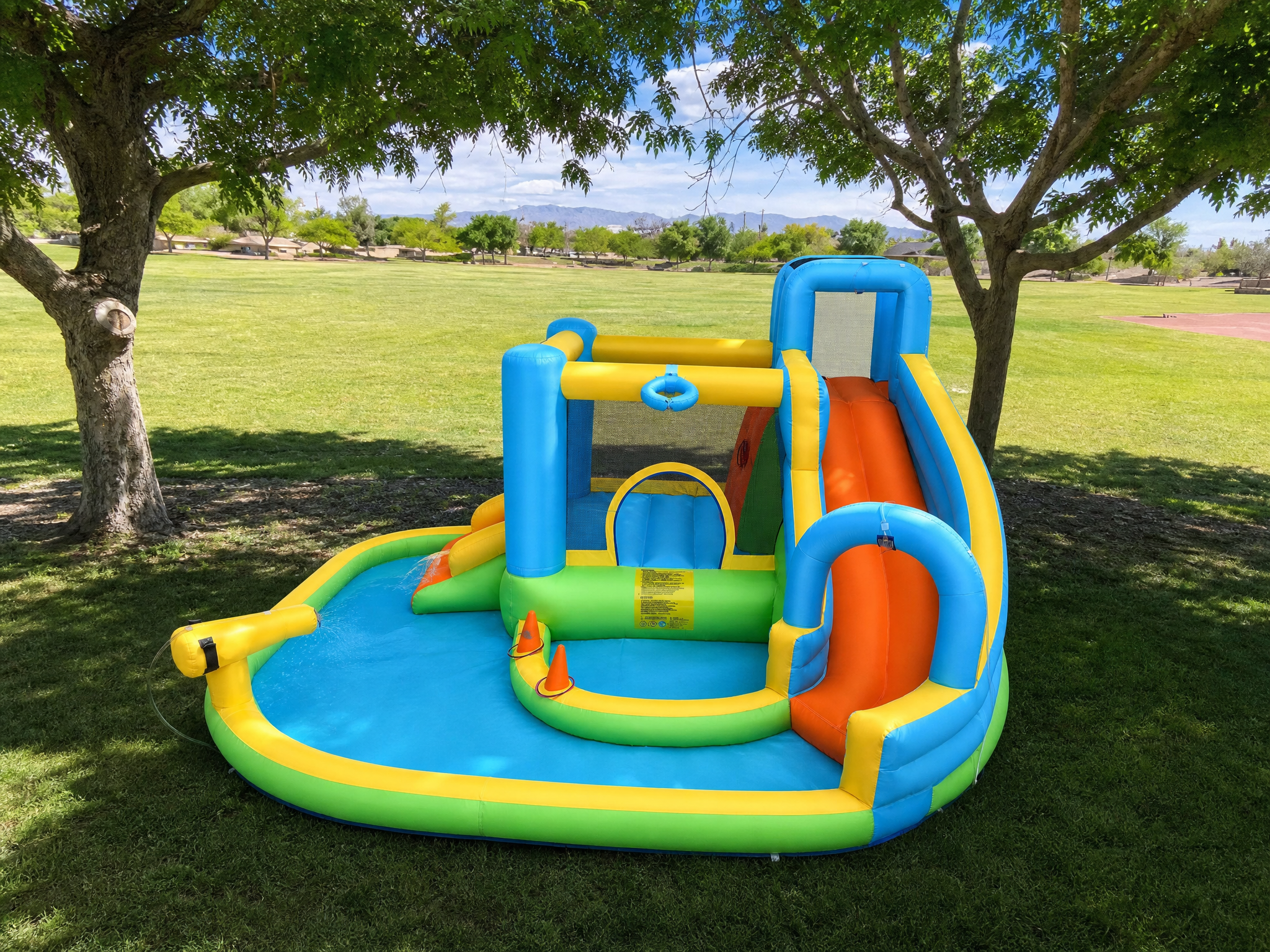 Kids water park on an open park lawn