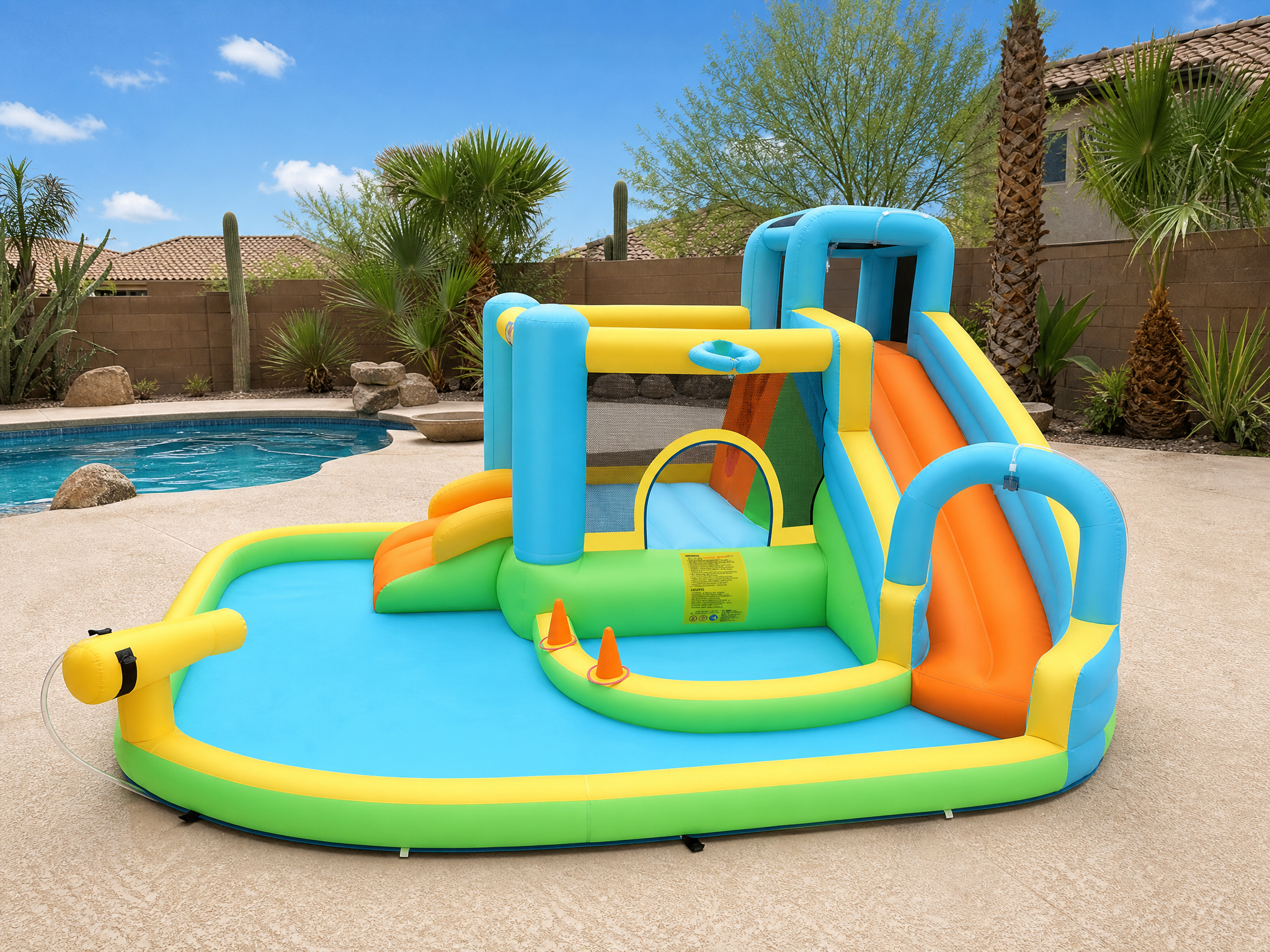 Kids water park beside a pool with palms
