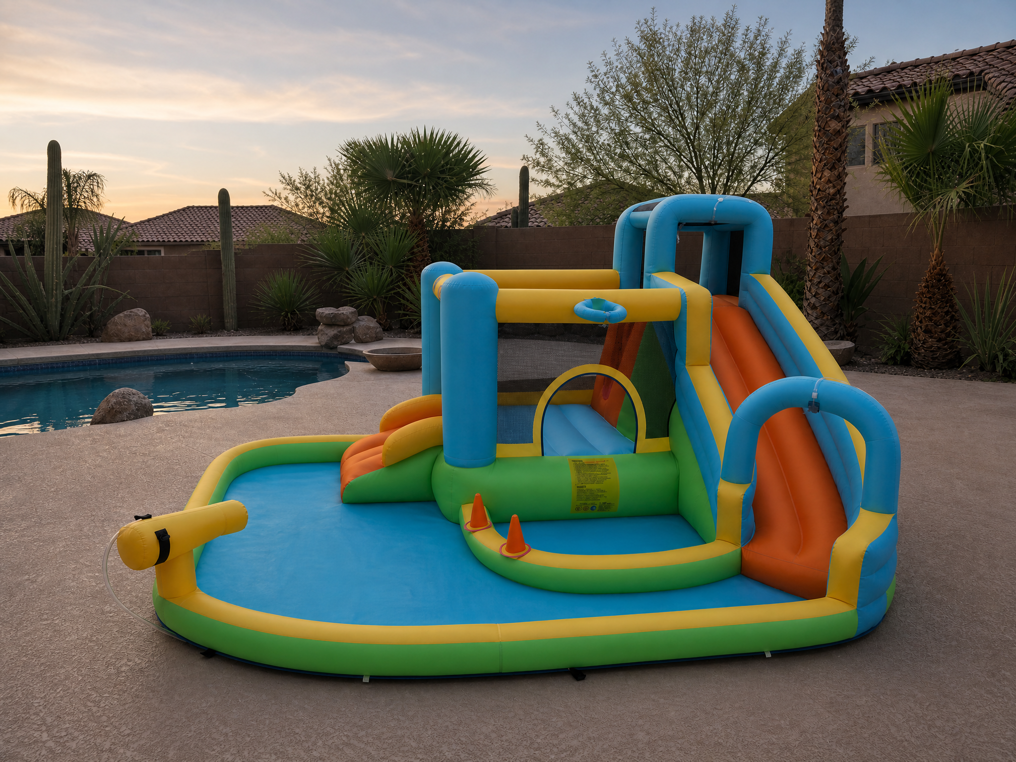 Kids water park on a poolside patio