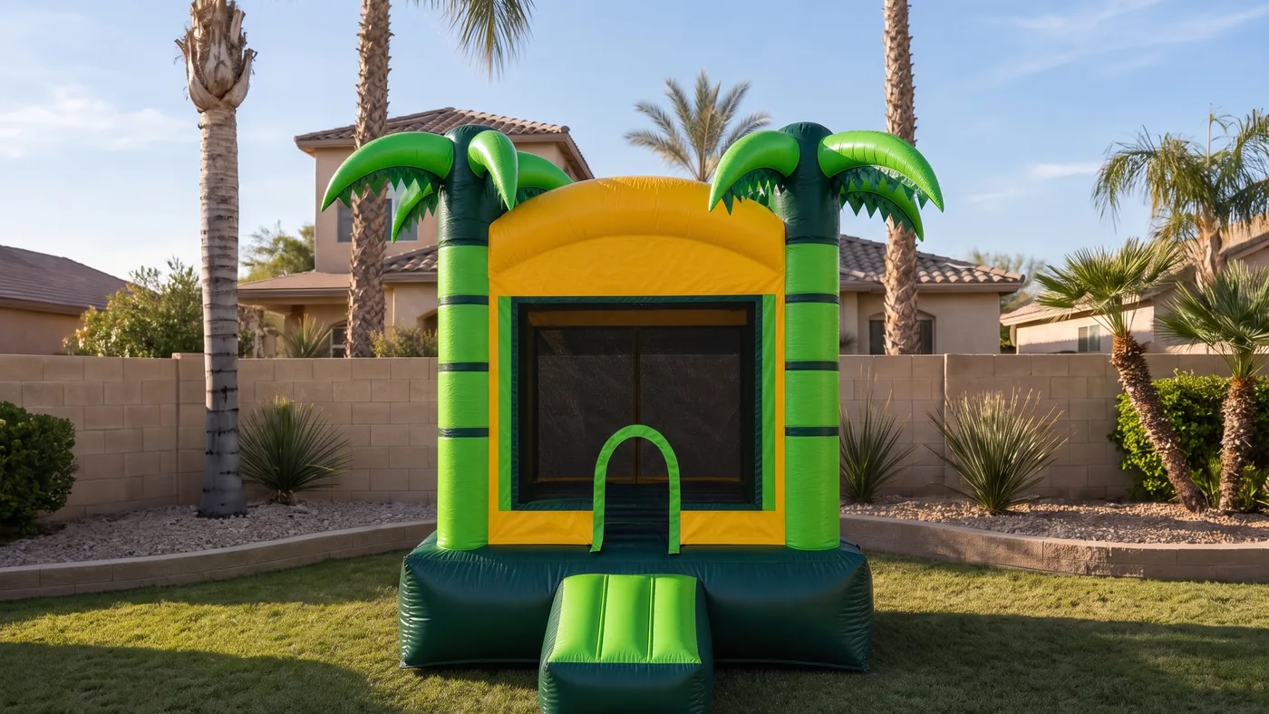 Tropical bounce house front view showing the mesh jump area and entry ramp